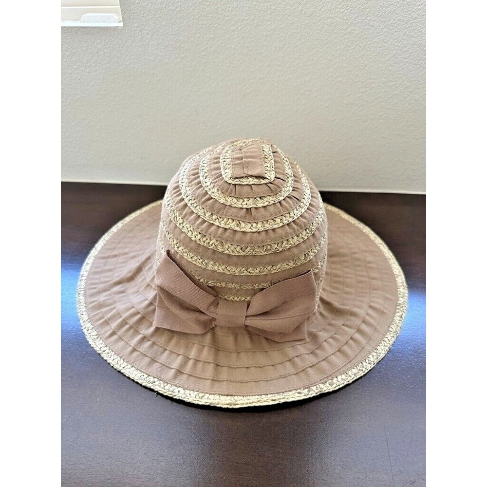 NWT Betmar New York Women Straw Woven Sunhat Striped Bow Tan Brown